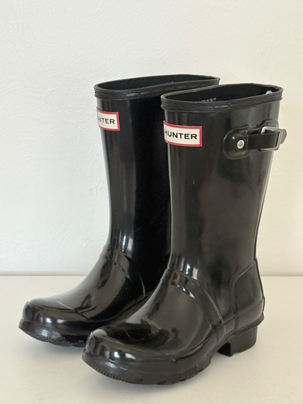 Hunter kids Glossy Black Mid-Calf Rain Boots with Adjustable Buckle